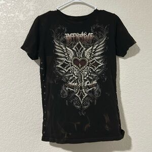 Medium short sleeve Heart in Cross slight bleach T shirt w/ rhinestones on sides